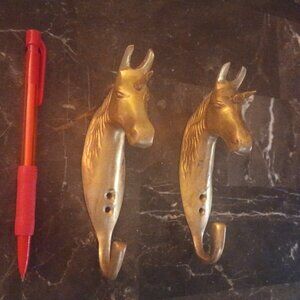 Vintage Solid Brass 2 Piece Lot Unicorn Clothes Hanger Hook